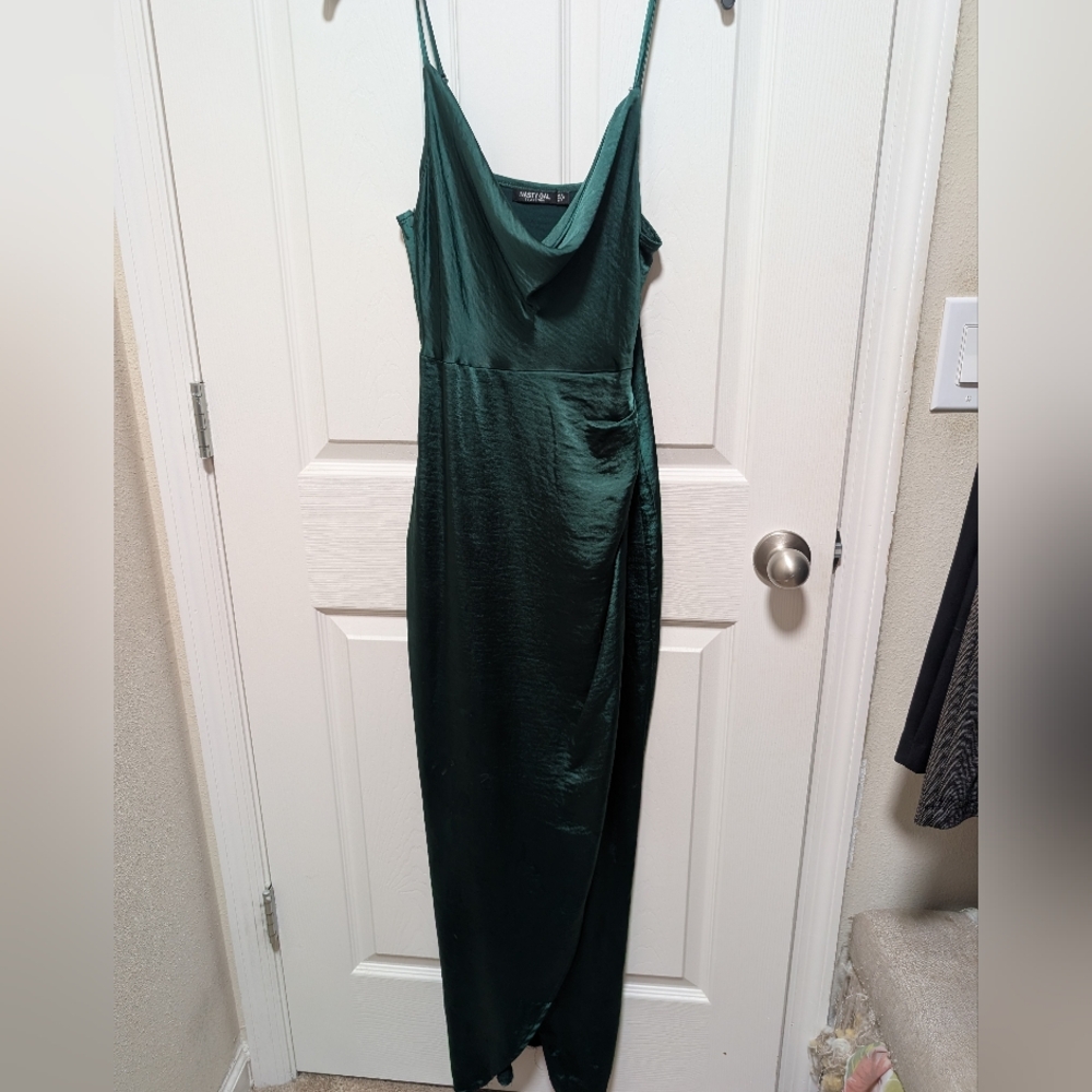Nasty Gal Emerald Green Satin Cowl Neck Slip Dress